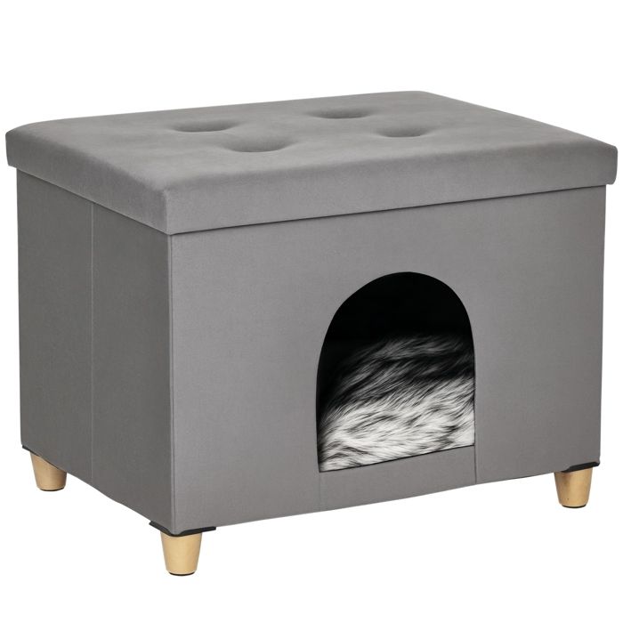 Niche chat - maison de chat - PawHut - design surélevé avec coussin amoviable et lavable repose-pieds - peluche - gris Niche chat - maison de chat - PawHut - design surélevé avec coussin amoviable et lavable repose-pieds - peluche - gris