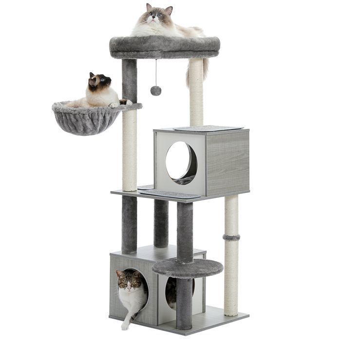 Comparer les prix de PAWZ Road Arbre à Chat en Bois avec Double Condos, Coussin Spacieux Amovible, Poteaux Griffoir Sisal, 130cm, Gris