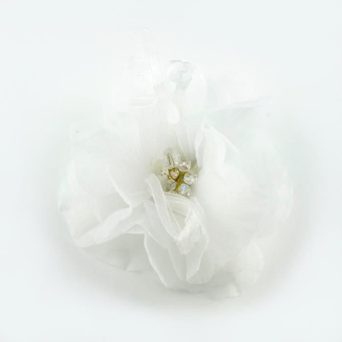 Broche ou pince à cheveux fleur en tissu mousseline 10.5cm - blanc RC007112