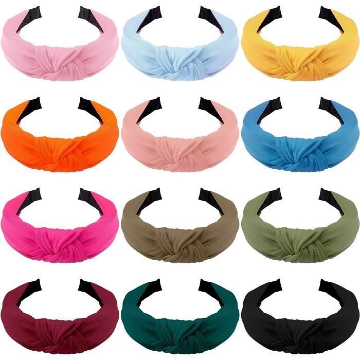 FEQO Lot De 12 Bandeaux Cheveux Femme Élastiques – Bandeaux Sport Large Torsadé Noué, 12 Couleurs Vives Pour Yoga, Running & Quotidien