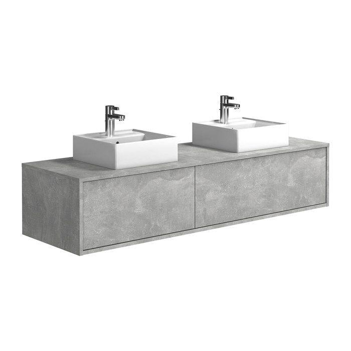 Meuble de salle de bain suspendu gris béton avec double vasque - L150 cm - ISAURE II