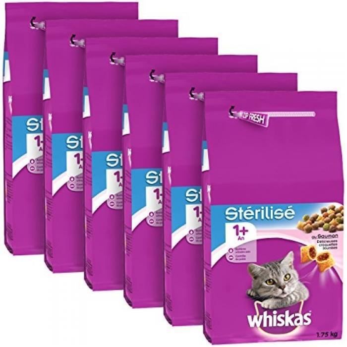 Meilleurs prix pour WHISKAS CROQUETTE AU SAUMON POUR CHAT STÉRILISÉS 1+ AN SAC DE 1,75 KG - LOT DE 6