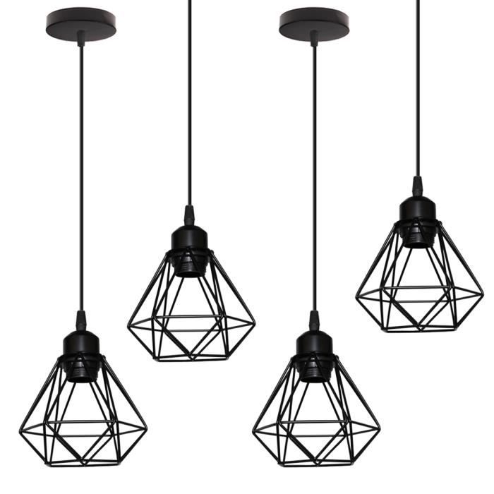 UNI 4PCS Lustre Suspension E27 16CM Cage Diamant en Métal Noir Plafonnier Luminaire pour Couloir Escalier Chambre