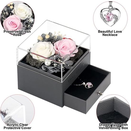 Boîte à Rose éternelle Avec Ours Et Collier - Cadeau Romantique Pour Femme, Anniversaire, Saint-Valentin, Fête Des Mères