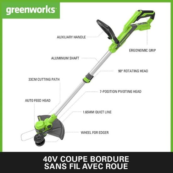 Greenworks G40LT33K2 Coupe Bordure Sans Fil avec Roue pour Petits et Moyens Jardins, Largeur