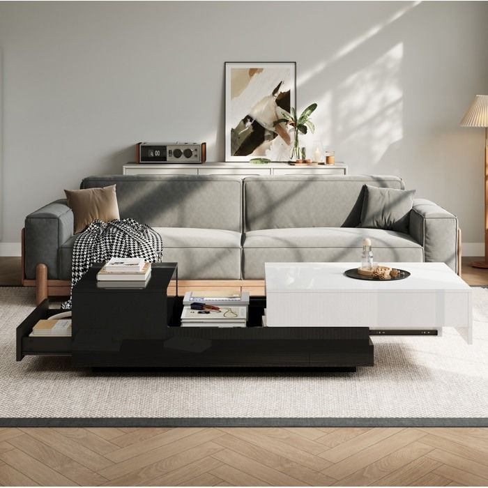 Table basse fonctionnelle pour le salon, rotative à 360°, avec plateau pivotant, 2 étagères et