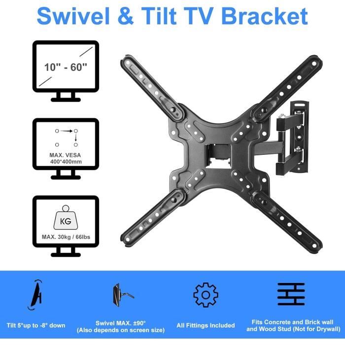 TVB109S Support mural d'écran de télévision inclinable, rotatif et orientable - 23 à 37 pouces / 58 à 93 cm – VESA 400 x 400- -fr