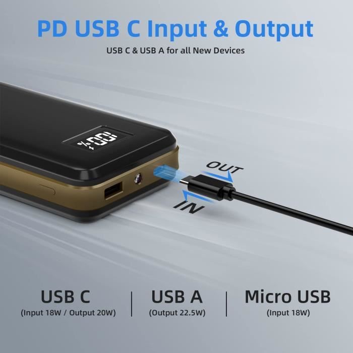 PD20W Batterie externe solaire 20 000 mAh, chargeur solaire étanche USB C avec sorties, batterie externe pour smartphones, tablettes et plus encore