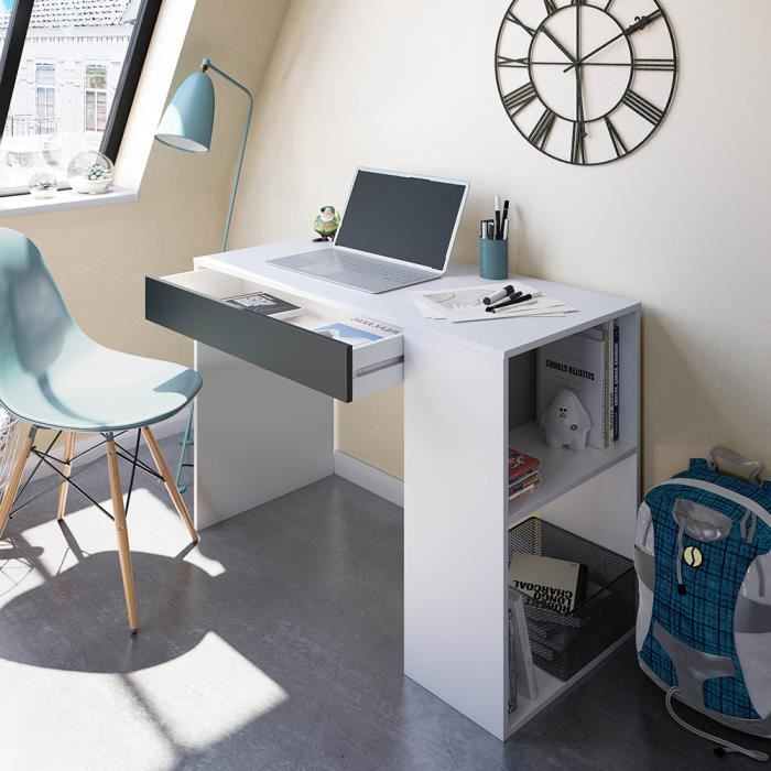 Bureau droit Pegane Meuble de bureau, table de bureau en pin avec 3 tiroirs  coloris blanc - Longueur 120 x Profondeur 54 x Hauteur 74 cm