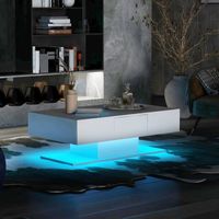 Table basse brillante LED 100*60*36cm avec 2 tiroirs caché et 2 niveaux de rangement Lumières colorées - blanc 