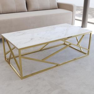 TABLE BASSE Table basse rectangulaire effet marbre blanc et métal doré - JAIPUR