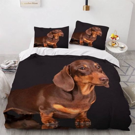 Housse De Couette 220x240 Cm + 2 Taies 65x65 - Motif Teckel - Microfibre Douce - Fermeture Zip