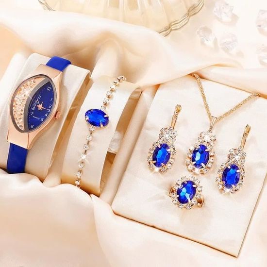 Ensemble Luxe 6 Pièces Pour Femme - Montre, Collier, Bracelet, Boucles D'oreilles - Quartz, Acier, Bleu/noir - Neuf Avec étiquettes