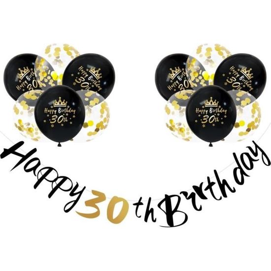 Guirlande "Happy 30th Birthday" Noir Et Or - Décoration Anniversaire 30 Ans - Bannière Fête