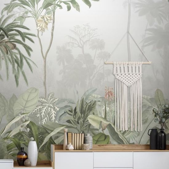Papier peint panoramique intissé Brume tropicale d'un matin dans la Jungle 300 x 280cm Vert, Gris