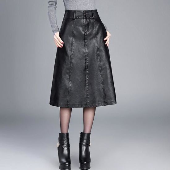 Jupe Crayon Vintage En Cuir Noir Renoma - Taille 38 (UK8) Taille Haute - Occasion Très Bon état