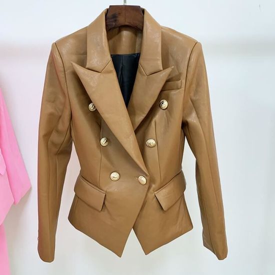 Manteau Veste en cuir synthetique marron chocolat veste de styliste Double boutonnage boutons de Lion pour femmes Chocolat E5 Blanc Cdiscount Pret a Porter