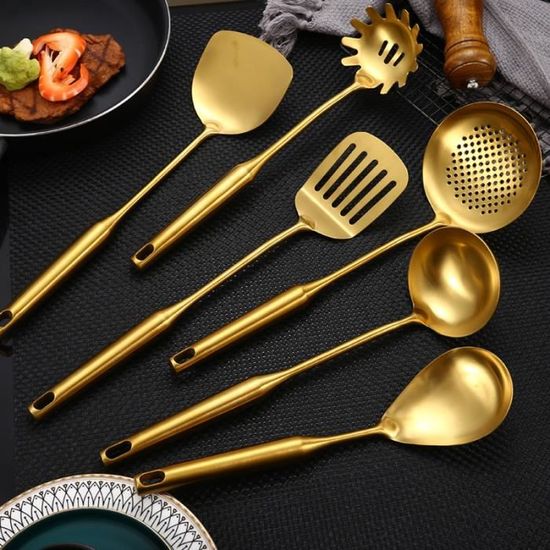 6 pcs d'ustensiles de cuisine en acier inoxydable, spatule de louche à soupe en or, gadget de cuisine antirouille avec surface lisse