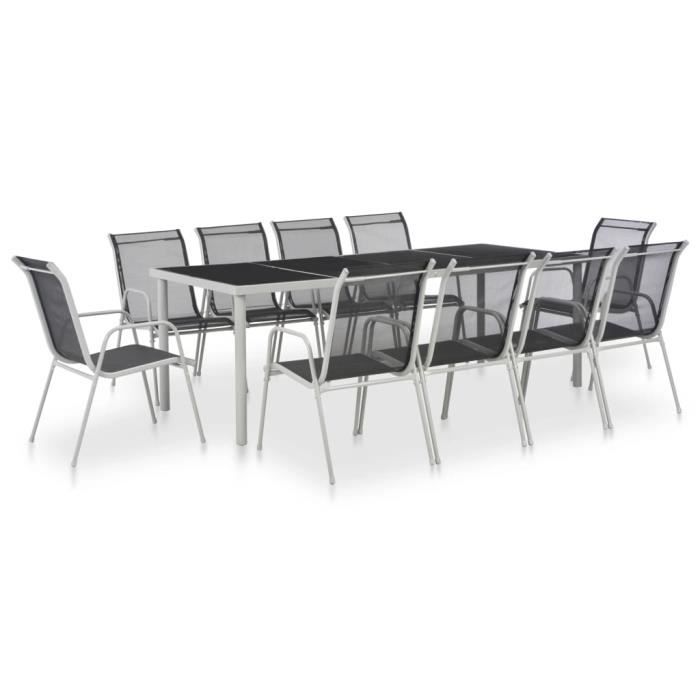 Salon de jardin, Mobilier à dîner d'extérieur - 10 personnes - Style vintage - 11 pcs Acier et textilène Noir