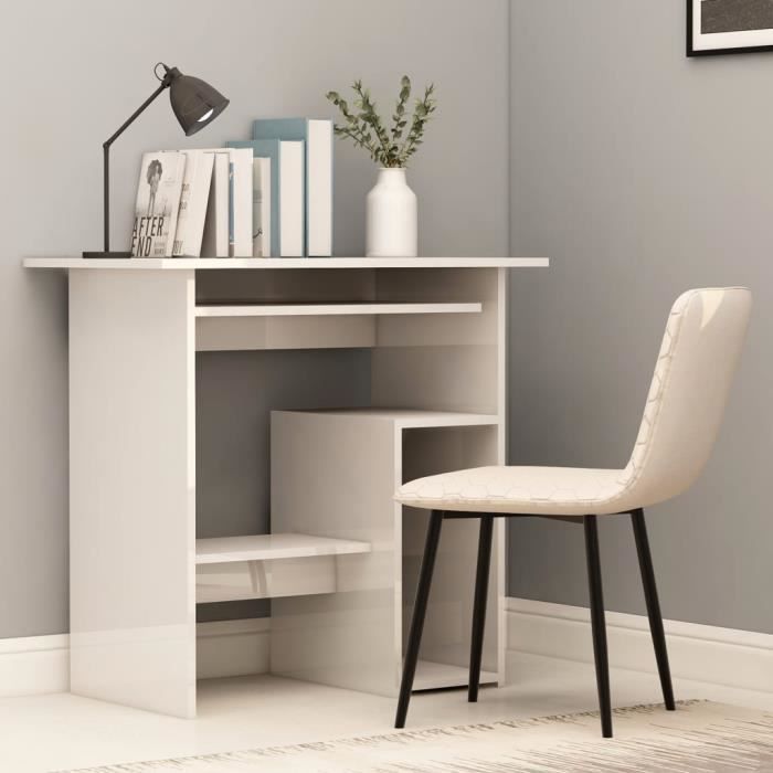 Table de bureau avec rangements étagères Blanc Brillant Laqué adolescent jeune chambre salon ordinateur