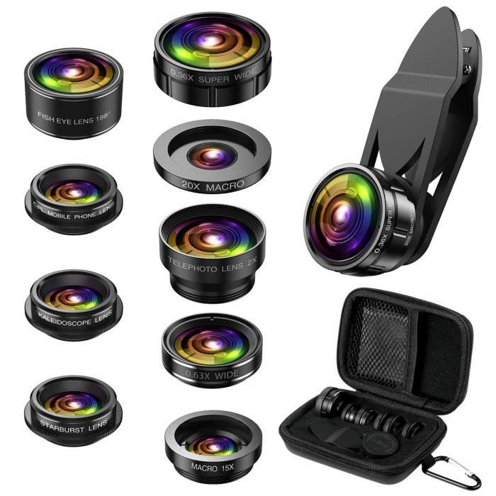 Universal Kit de Lentille de caméra Objectifs téléphone,9 in 1 Cell Phone Lens Kit, Zoom Lens