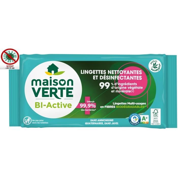 MAISON VERTE Lingettes nettoyantes et désinfectantes - Le paquet de 70 lingettes