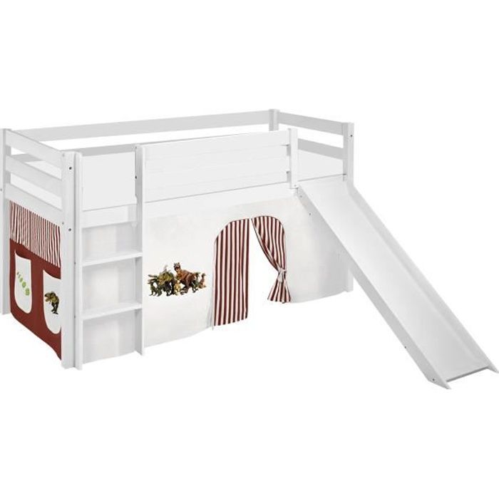 Lit surélevé ludique JELLE Dinos marron beige - avec rideaux et toboggan - LILOKIDS - blanc laqué