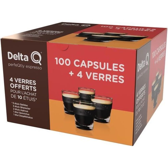 Delta Q Coffret de 100 capsules + 4 verres Offerts