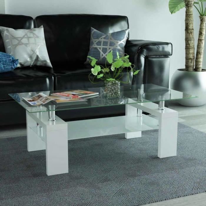 Table Basse Rectangulaire Verre Sécurit Bois Blanc MDF avec une finition à haute brillance 110x60x40cm -ABI