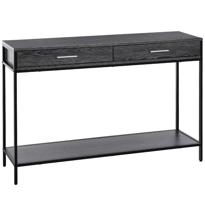 Console table d'appoint design industriel dim. 120L x 30l x 81H cm 2 tiroirs étagère acier noir panneaux particules bois gris