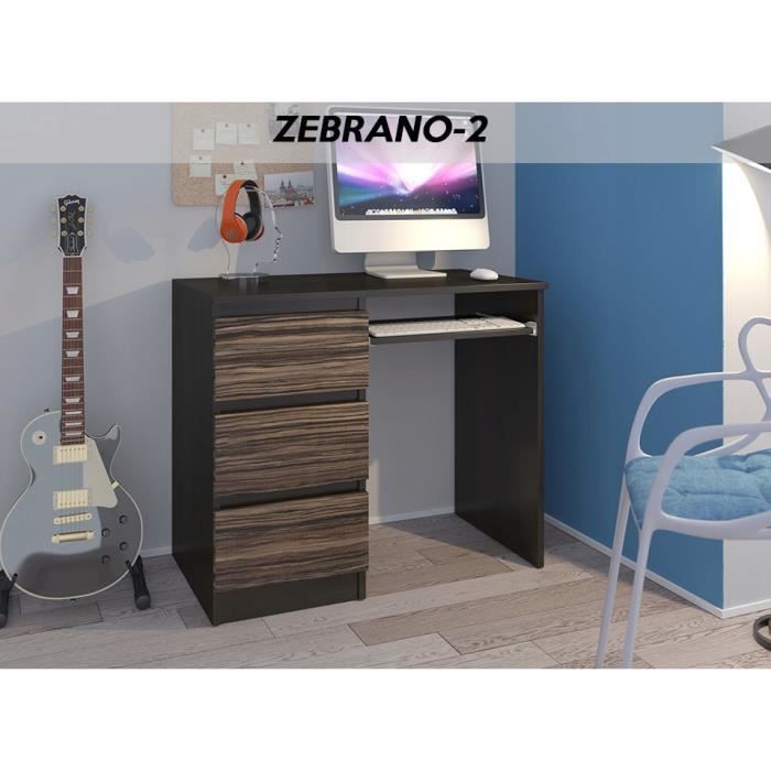 YORK 2WL- Bureau moderne informatique d'ordinateur 96x50x76 - Chambre Ado - Support clavier-3 tiroirs - Wengé-Zebrano