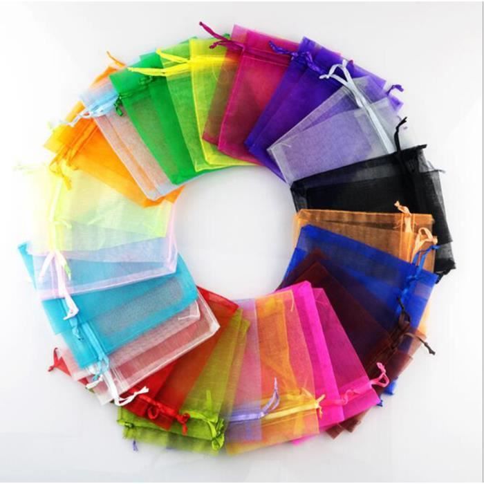 100 Pcs Sachets Pochettes Cadeau en Organza avec Rubans pour Bijoux Cadeaux Bonbons Fête ( Mixte Couleur, 7x9cm )