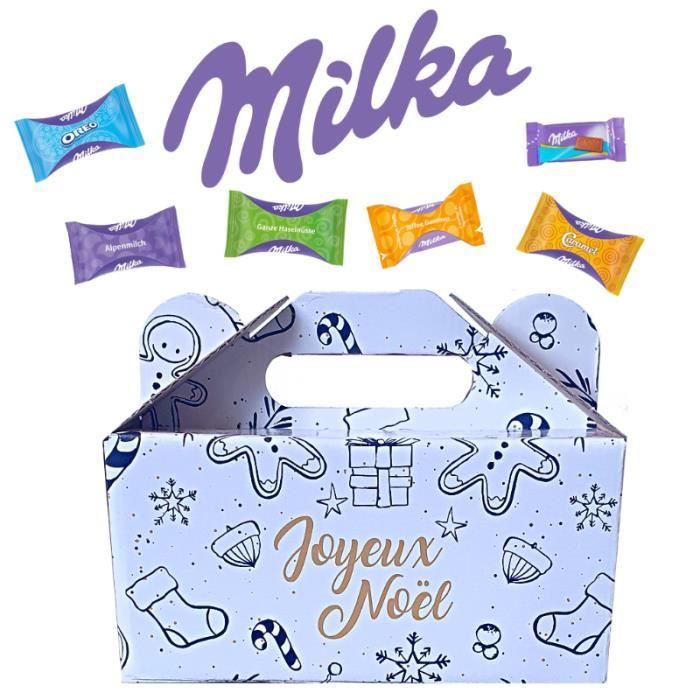 Ballotin Joyeux Noël garni de 100 chocolats Milka noisette, caramel, toffee, lait, Oreo