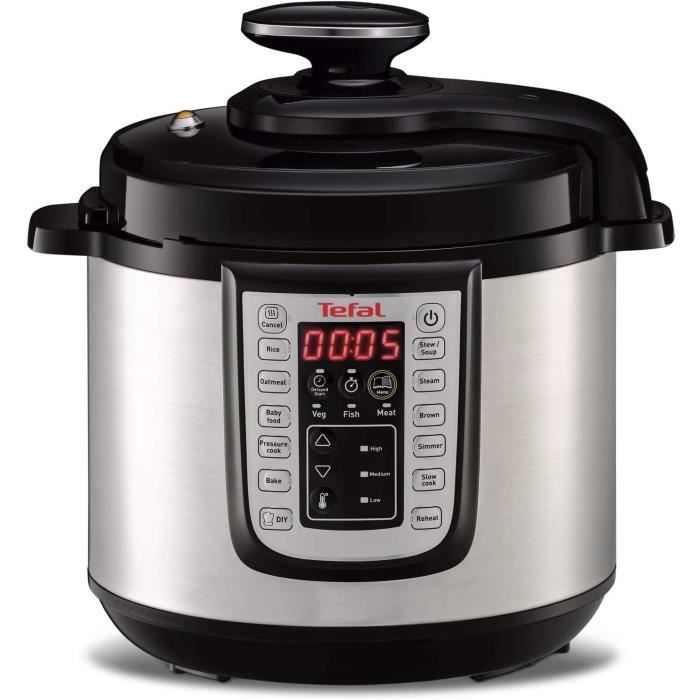 Tefal Fast&Delicious Multicuiseur Noir INOX 25 Programmes Cuisson sous Rapide Technologie de Pression Sécurisée 6L 6 Personnes CY505