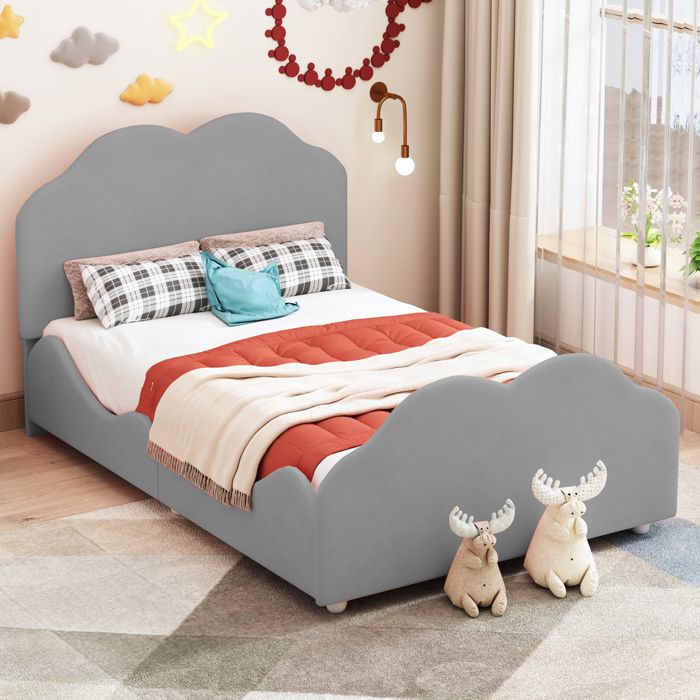 lit enfant 90x200 cm, tête et pied de lit en forme de nuage, lit simple avec sommier à lattes, tissu en velours, gris