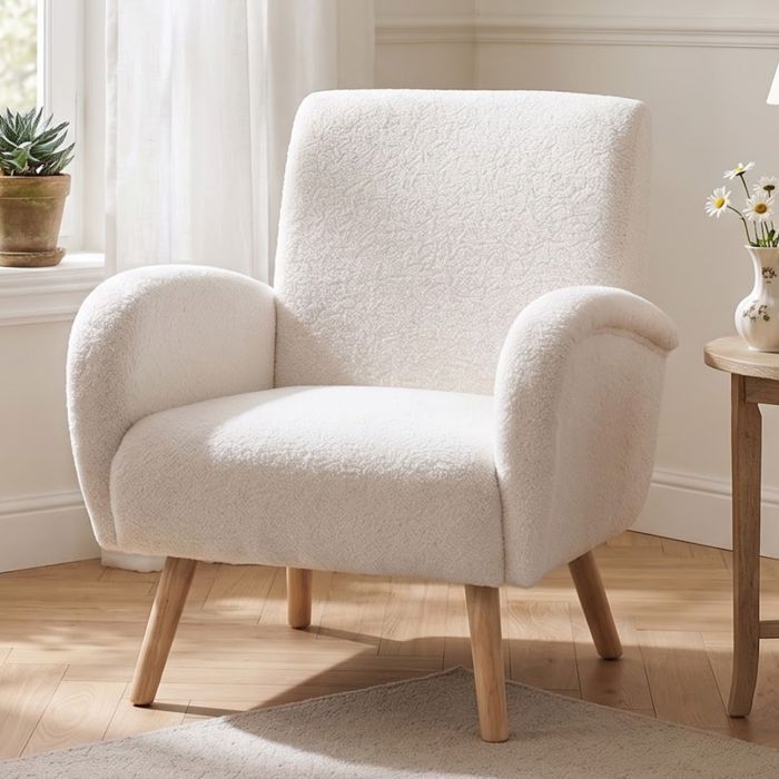 Wahson Fauteuil de Salon Moderne dAdulte en Bouclette Fauteuil Chambre avec Pied Bois Fauteuil Scandinave Rembourré Blanc
