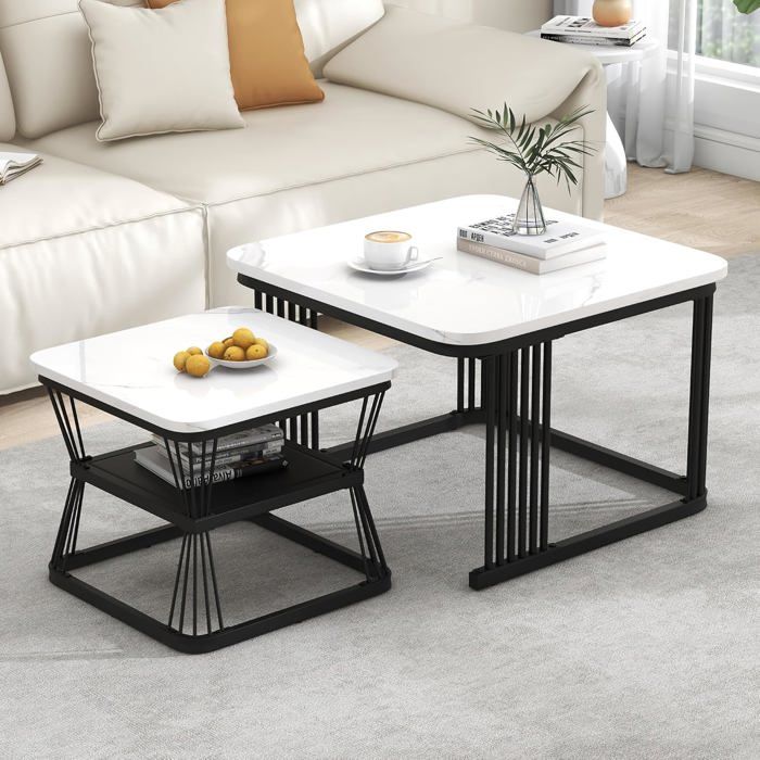 Tables basse empilables - 2 en 1 - 65 × 65 cm / 45 × 45 cm  avec grain marbre Cadre en métal pour salon balcon