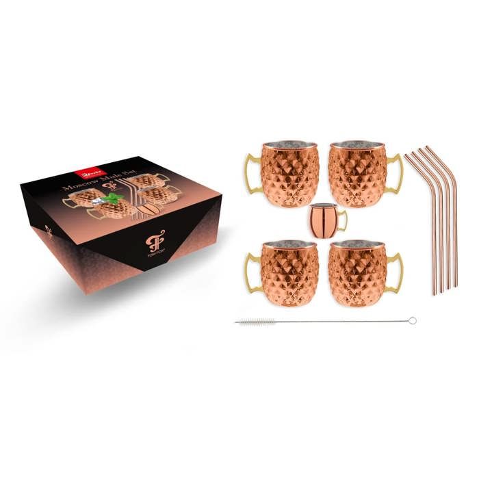 Set Moscow Mule - ICH-ZAPFE - Diamant - 4 tasses 450 ml - Jigger gradué - 4 pailles cuivrées