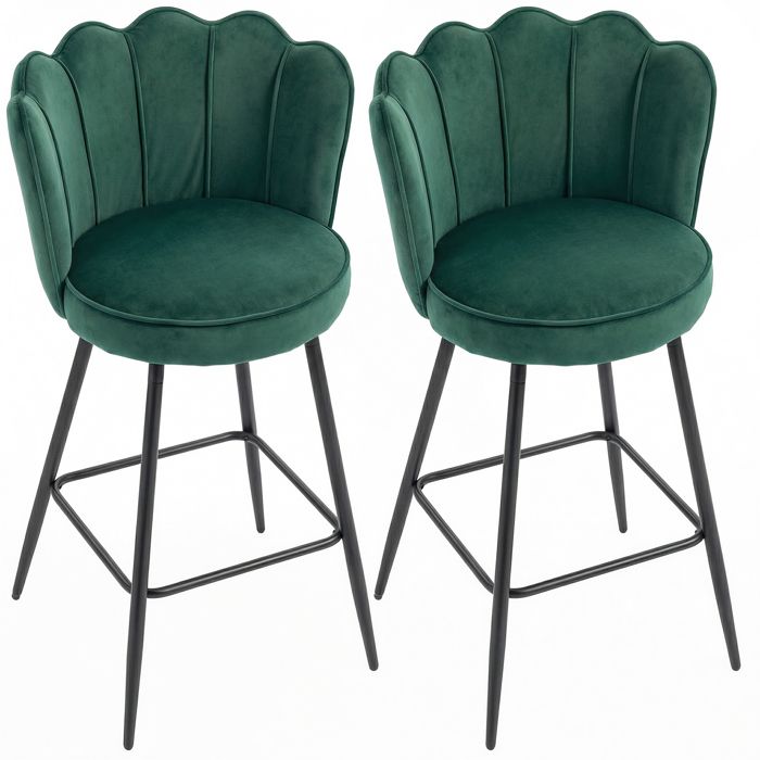 Lot de 2 tabourets de bar - HOMCOM - dossier en forme pétales repose-pieds pieds en acier - en velours - 54x55x97cm - vert foncé