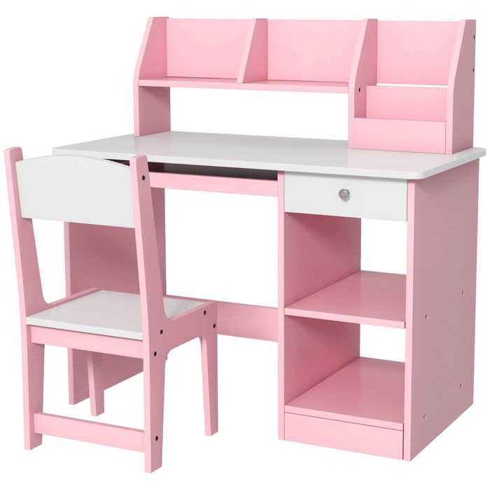 Bureau enfant avec chaise ergonomique avec clavier coulissant tiroir niches et étagères ouvertes 90 x 45 x 90 cm rose