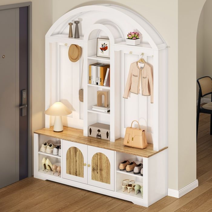 Vestiaire D’Entrée 150×40×195 cm Avec Armoire Portemanteau Étagères Banc à Chaussures Miroir Design Courbé MDF Blanc & Bois Vestiaire D’Entrée 150×40×195 cm Avec Armoire Portemanteau Étagères Banc à Chaussures Miroir Design Courbé MDF Blanc & Bois