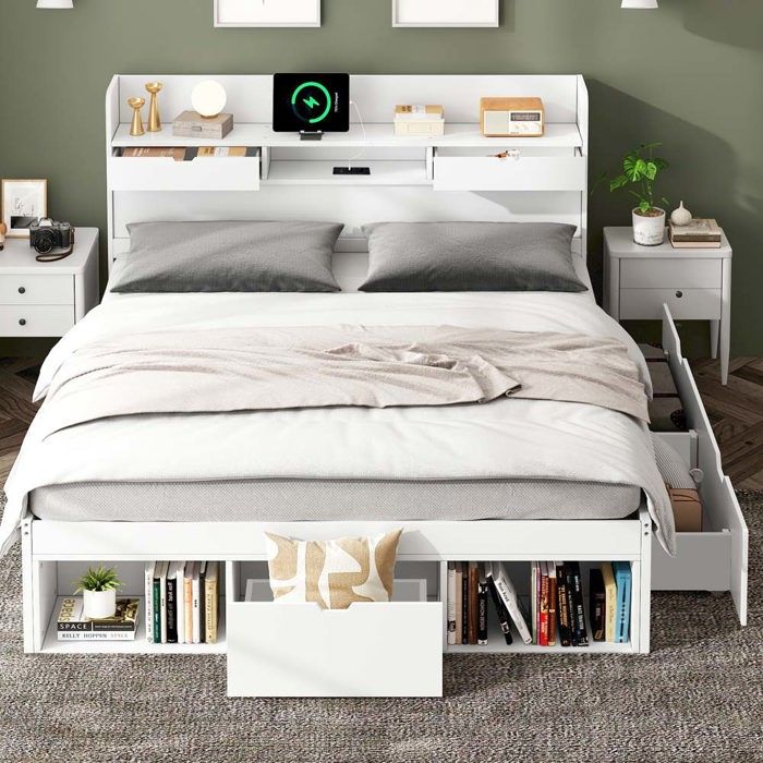 Lit double - 140 x 190 cm - Sommier à lattes - Ports USB/Type-C intégrés - Tiroirs et rangements