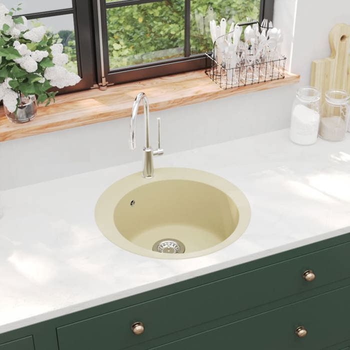 BURKE@ Beige Évier de cuisine Granit Seul lavabo Rond Beige 12.98 kg Haute qualité A858