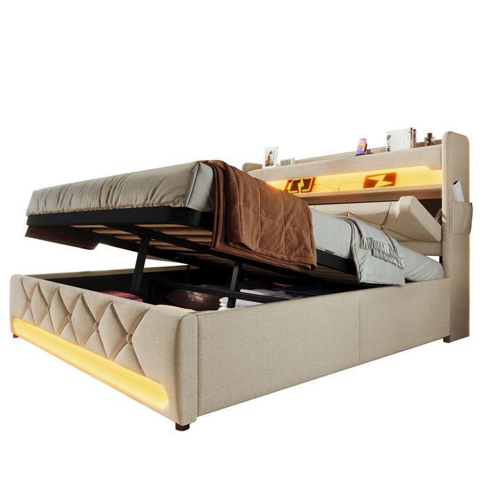 Lit Coffre 160x200 cm avec Coffre et LED Lit Double Capitonné Moderne avec Ports USB Type-C Sans Matelas Lin Beige