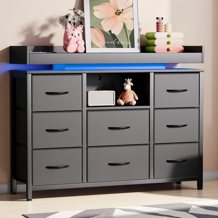 Buffet bas - URBANLUXE - 108x30x82 cm - 8 tiroirs - LED 7 couleurs - Cadre métal noir