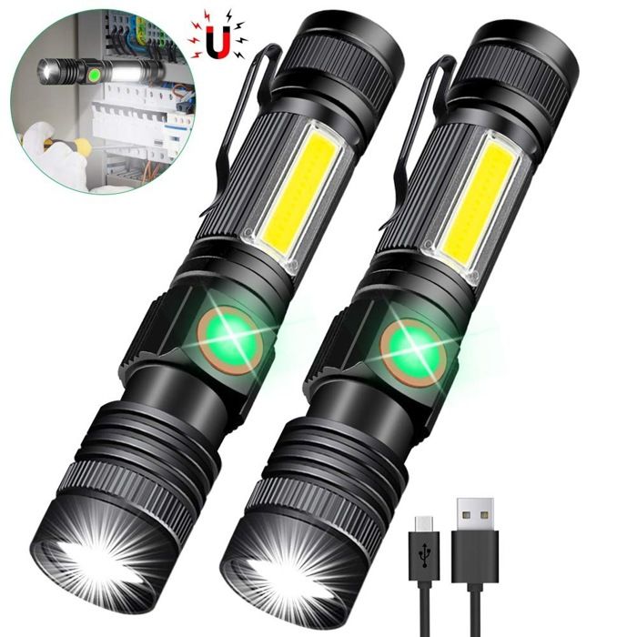 Lampe torche LED USB rechargeable lot de 2 magnétique portable zoom camping randonnée
