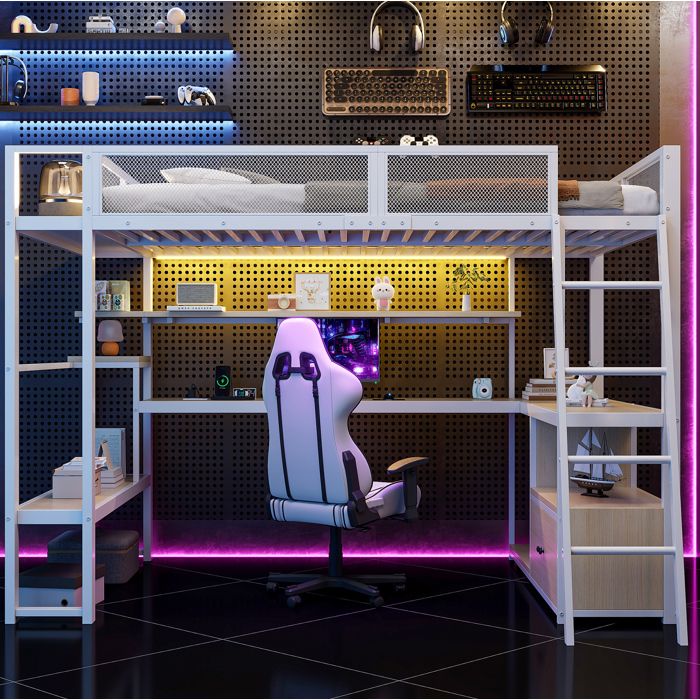 Lit mezzanine gaming 140x200 cm blanc bureau LED rangements intégrés
