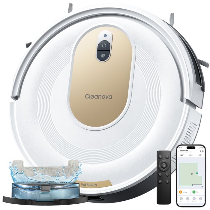 Vactidy Cleanova W8 -Aspirateur Robot Laveur 5000Pa -150Min Autonomie -Poils d’Animaux et Tapis Anti enroulement -Mince Silencieux