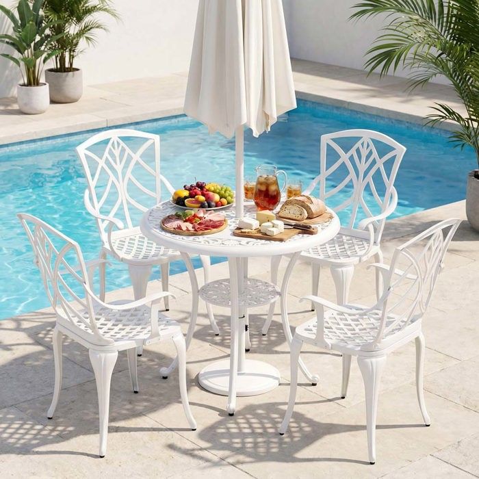 Ensemble de salon de jardin - 4 places - Fonte daluminium anti-corrosion - Table ronde 80 cm trou parasol 5 cm - Blanc rétro