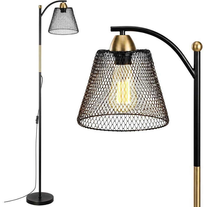 Lampadaire industriel - Hauteur 145 cm - Douille E27 - Puissance max 40W - Noir et or - Abat-jour perforé